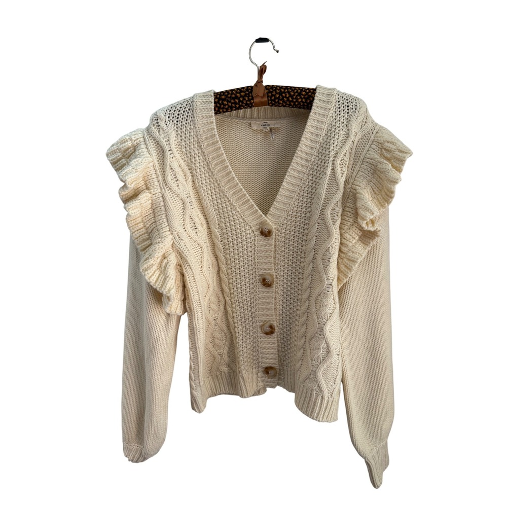 Entro Womens Cream Cable Knit‎ Ruffle Shoulder Button Front Cardigan Sweater M